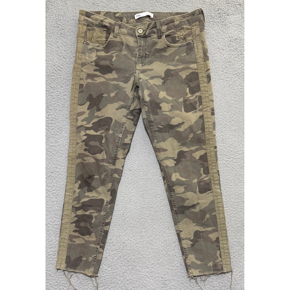 ZARA 1975 Camo Jeans Womens Size 12 Denim Side Stripe Stretch 32x25